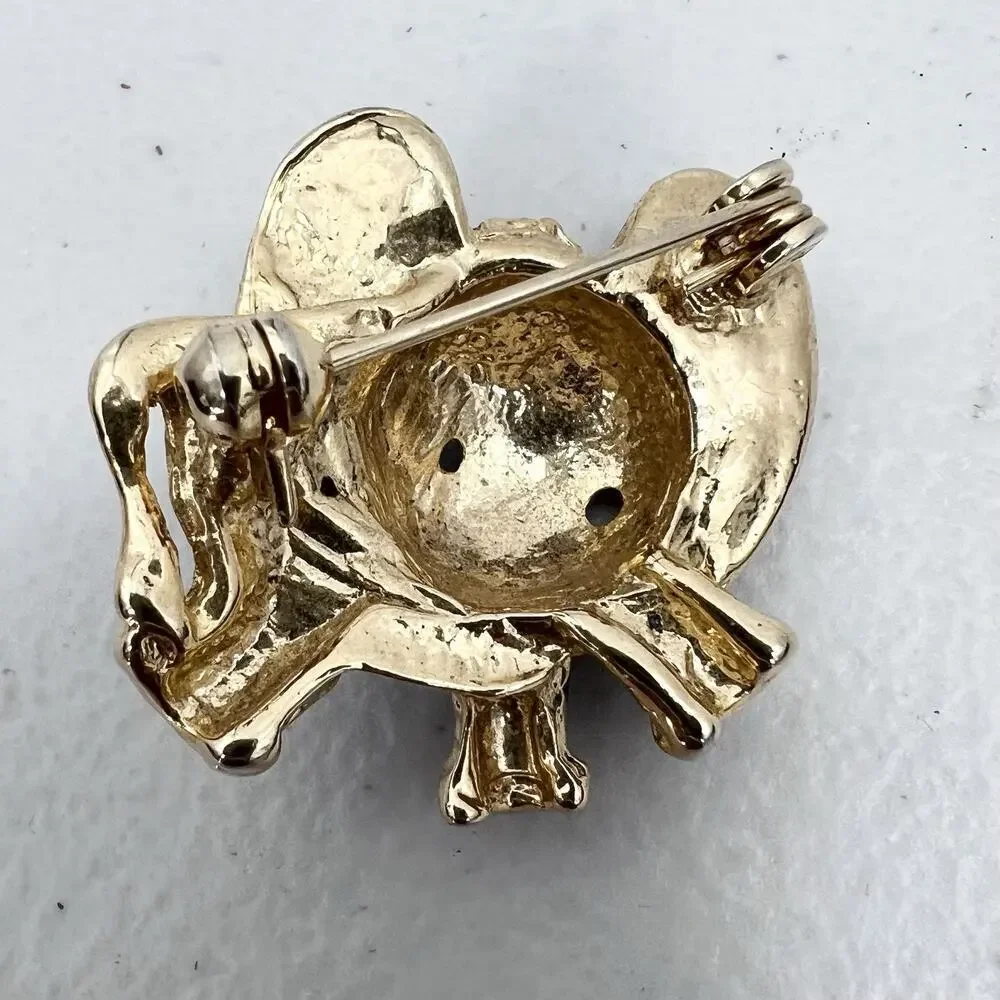 Vintage Unique Circus Elephant Gold Tone & Black Enamel Rhinestone Pin Brooch